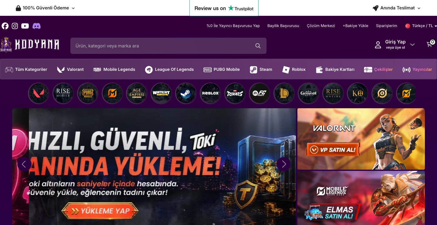 kodyana.com sitesinin gerçek, canlı ekran görüntüsü — oyun içi para, hediye kartı ve e-pin satış vitrini